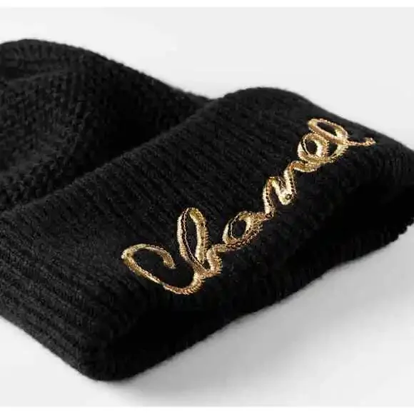Chanel 22A Cashmere Black Gold Sequin CC Logo Beanie Winter Hat Cap Cloche - Picture 6 of 12